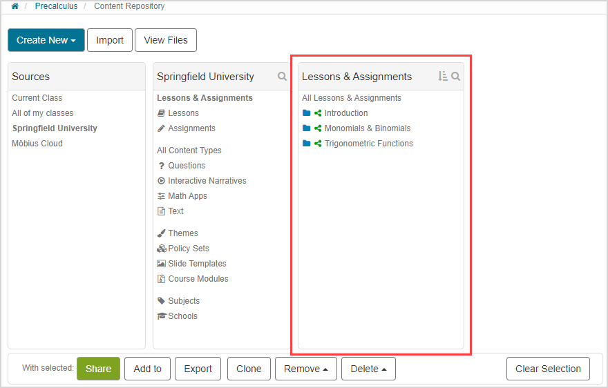 Under Sources pane, your university name is selected, then Lessons & Assignments is selected. In the Lessons & Assignments pane, units appear in the list with the share icon.